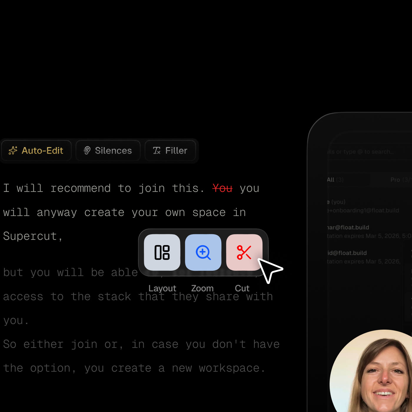 Editing a tutorial transcript with layout, zoom and cut tools